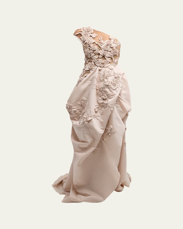One-Shoulder Illusion Gown with Exposed Hip Drape